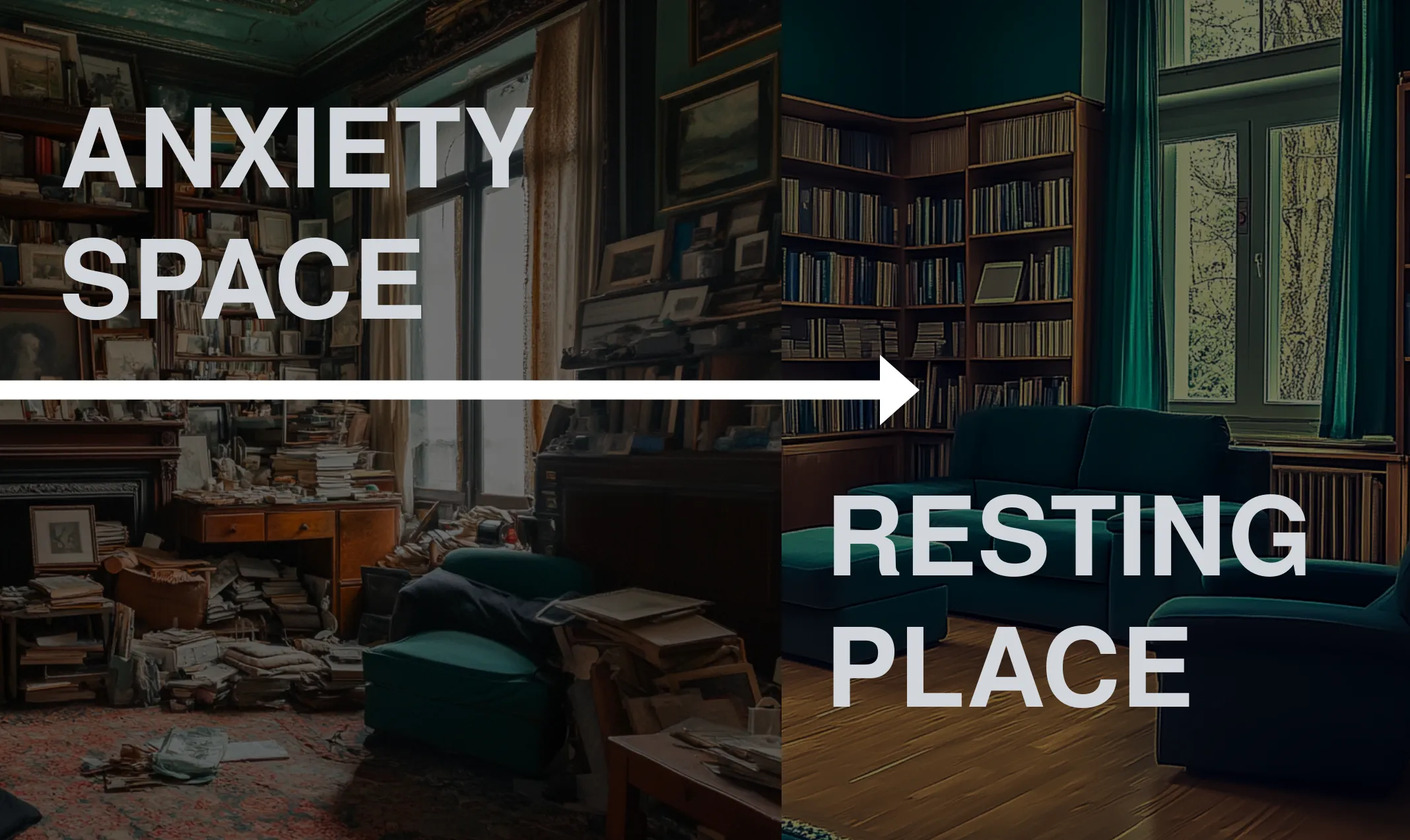 image of cluttered space on right and a clean space on left
