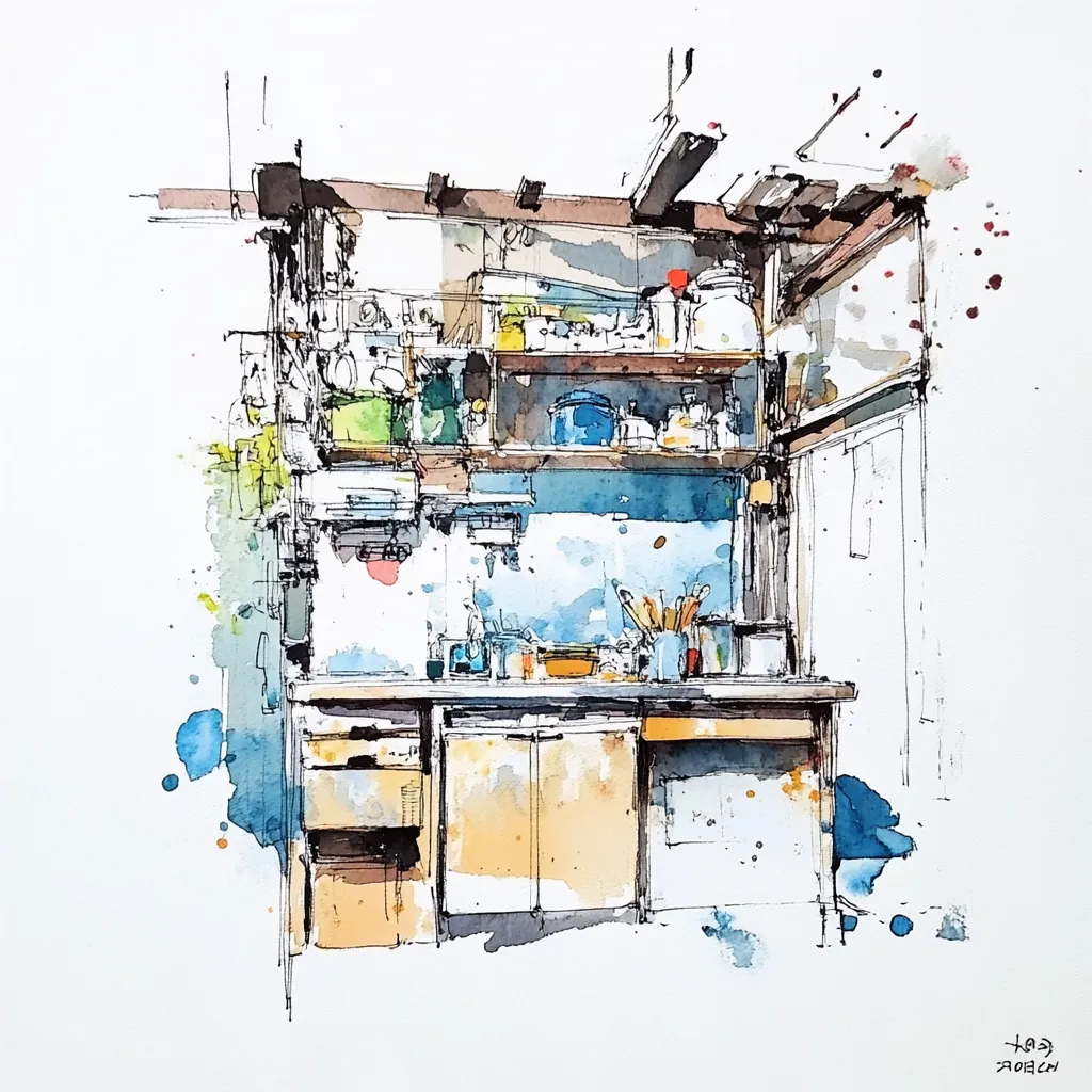 ink and watercolor kitchen
