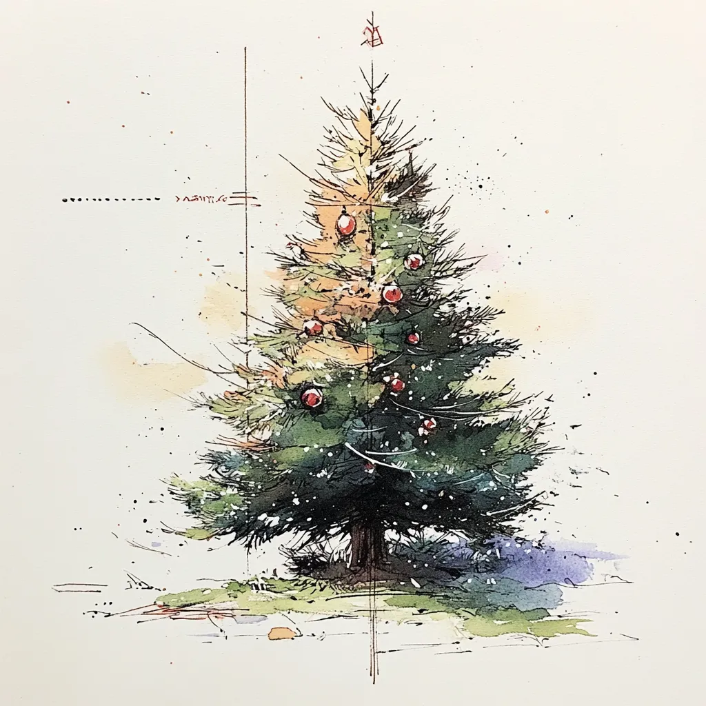 loose ink and watercolor of a holiday tree